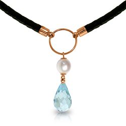 ALARRI 9 Carat 14K Solid Rose Gold Leather Necklace Pearl Blue Topaz