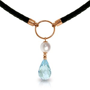 ALARRI 9 Carat 14K Solid Rose Gold Leather Necklace Pearl Blue Topaz