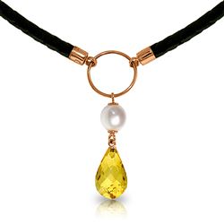 ALARRI 7.5 Carat 14K Solid Rose Gold Leather Necklace Pearl Citrine