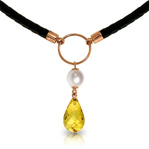ALARRI 7.5 Carat 14K Solid Rose Gold Leather Necklace Pearl Citrine