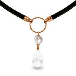 ALARRI 9 Carat 14K Solid Rose Gold Leather Necklace Pearl White Topaz