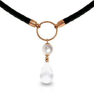 ALARRI 9 Carat 14K Solid Rose Gold Leather Necklace Pearl White Topaz