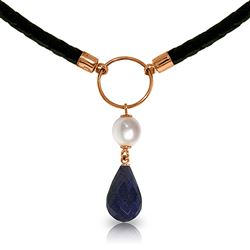 ALARRI 10.8 Carat 14K Solid Rose Gold Leather Necklace Pearl Sapphire