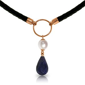 ALARRI 10.8 Carat 14K Solid Rose Gold Leather Necklace Pearl Sapphire