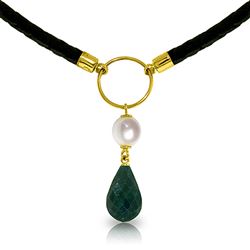 ALARRI 10.8 CTW 14K Solid Gold Leather Necklace Pearl Emerald