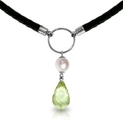 ALARRI 7.5 CTW 14K Solid White Gold Leather Necklace Pearl Green Amethyst