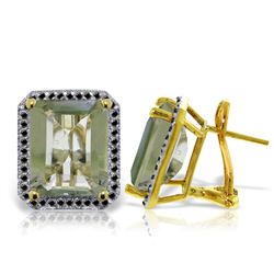 ALARRI 14K Solid Gold Stud French Clips Earrings w/ Black Diamonds & Green Amethysts