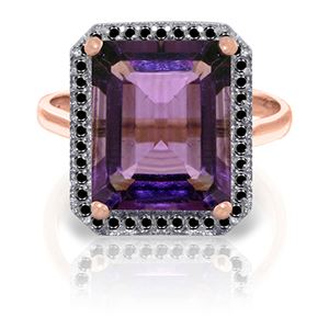 ALARRI 14K Solid Rose Gold Ring w/ Natural Black Diamonds & Amethyst