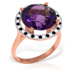 ALARRI 14K Solid Rose Gold Ring w/ Natural Black / White Diamonds & Amethyst