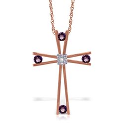 ALARRI 14K Solid Rose Gold Cross Necklace with Natural Diamond & Amethysts