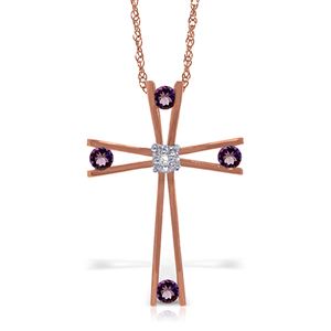 ALARRI 14K Solid Rose Gold Cross Necklace w/ Natural Diamond & Amethysts