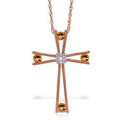 ALARRI 14K Solid Rose Gold Cross Necklace with Natural Diamond & Citrines
