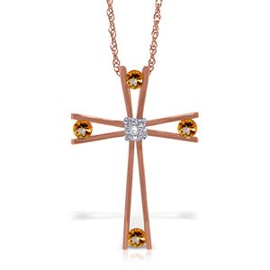 ALARRI 14K Solid Rose Gold Cross Necklace w/ Natural Diamond & Citrines