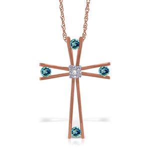ALARRI 14K Solid Rose Gold Cross Necklace w/ Natural Diamond & Blue Topaz