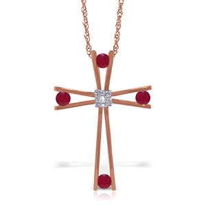ALARRI 14K Solid Rose Gold Cross Necklace w/ Natural Diamond & Rubies