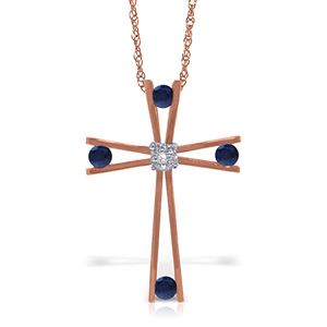 ALARRI 14K Solid Rose Gold Cross Necklace w/ Natural Diamond & Sapphires