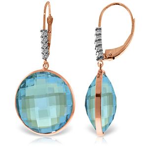 ALARRI 14K Solid Rose Gold Diamonds Leverback Earrings w/ Checkerboard Cut Round Blue Topaz