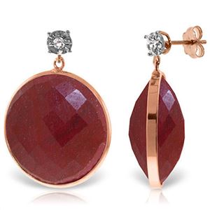 ALARRI 14K Solid Rose Gold Diamonds Stud Earrings w/ Dangling Checkerboard Cut Round Dyed Rubies