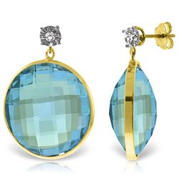 ALARRI 14K Solid Gold Diamonds Stud Earrings w/ Dangling Checkerboard Cut Round Blue Topaz
