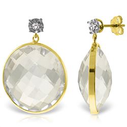ALARRI 14K Solid Gold Diamonds Stud Earrings w/ Dangling Checkerboard Cut Round White Topaz