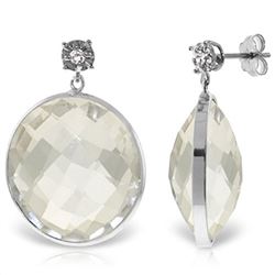 ALARRI 14K Solid White Gold Diamonds Stud Earrings w/ Dangling Checkerboard Cut Round White Topaz