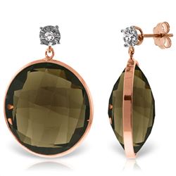 ALARRI 14K Solid Rose Gold Diamonds Stud Earrings w/ Dangling Checkerboard Cut Smoky Quartz