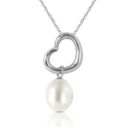 ALARRI 14K Solid White Gold Heart Necklace w/ Dangling Natural Pearl