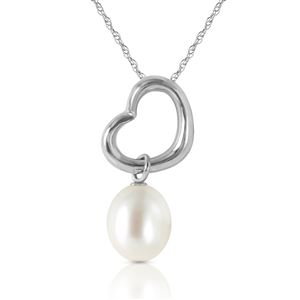 ALARRI 14K Solid White Gold Heart Necklace w/ Dangling Natural Pearl