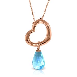 ALARRI 14K Solid Rose Gold Heart Necklace w/ Dangling Natural Blue Topaz