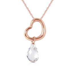 ALARRI 14K Solid Rose Gold Heart Necklace w/ Dangling Natural White Topaz