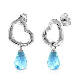 ALARRI 14K Solid White Gold Heart Earrings w/ Dangling Natural Blue Topaz