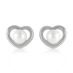 ALARRI 14K Solid White Gold Heartstud Earrings w/ Natural Pearls