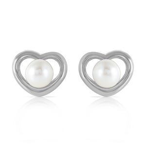 ALARRI 14K Solid White Gold Heartstud Earrings w/ Natural Pearls