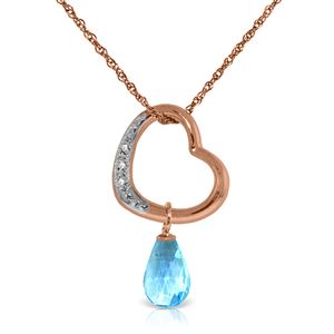 ALARRI 14K Solid Rose Gold Heart Necklace w/ Natural Diamond & Blue Topaz