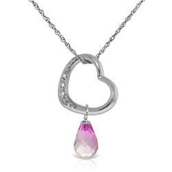 ALARRI 14K Solid White Gold Heart Necklace w/ Natural Diamond & Pink Topaz