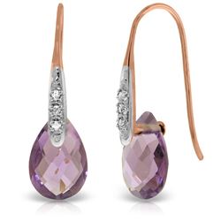 ALARRI 14K Solid Rose Gold Fish Hook Earrings w/ Diamonds & Dangling Briolette Amethysts