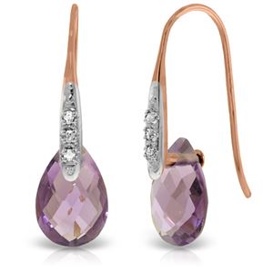 ALARRI 14K Solid Rose Gold Fish Hook Earrings w/ Diamonds & Dangling Briolette Amethysts