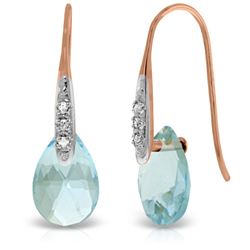 ALARRI 14K Solid Rose Gold Fish Hook Earrings w/ Diamonds & Dangling Briolette Blue Topaz