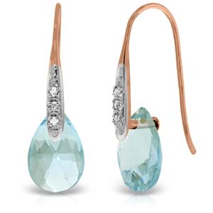 ALARRI 14K Solid Rose Gold Fish Hook Earrings w/ Diamonds & Dangling Briolette Blue Topaz
