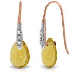 ALARRI 14K Solid Rose Gold Fish Hook Earrings w/ Diamonds & Dangling Briolette Citrines