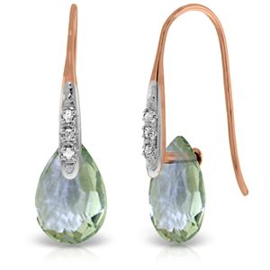 ALARRI 14K Solid Rose Gold Fish Hook Earrings w/ Diamonds & Dangling Briolette Green Amethyst