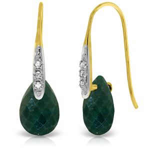 ALARRI 14K Solid Gold Fish Hook Earrings w/ Diamonds & Dangling Dyed Green Sapphires