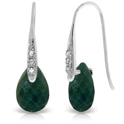 ALARRI 14K Solid White Gold Fish Hook Earrings w/ Diamonds & Dangling Dyed Green Sapphires