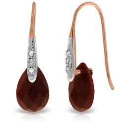 ALARRI 14K Solid Rose Gold Fish Hook Earrings w/ Diamonds & Dangling Dyed Rubies