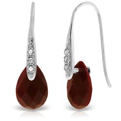 ALARRI 14K Solid White Gold Fish Hook Earrings w/ Diamonds & Dangling Dyed Rubies