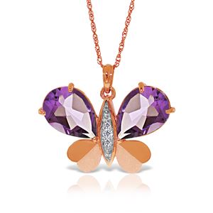 ALARRI 14K Solid Rose Gold Batterfly Necklace w/ Natural Diamonds & Amethysts
