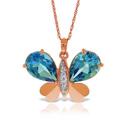 ALARRI 14K Solid Rose Gold Batterfly Necklace w/ Natural Diamonds & Blue Topaz