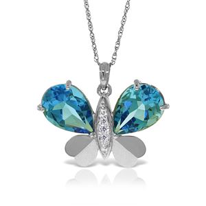 ALARRI 14K Solid White Gold Batterfly Necklace w/ Natural Diamonds & Blue Topaz