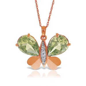 ALARRI 14K Solid Rose Gold Batterfly Necklace w/ Natural Diamonds & Green Amethysts