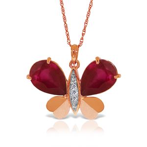 ALARRI 14K Solid Rose Gold Batterfly Necklace w/ Natural Diamonds & Rubies